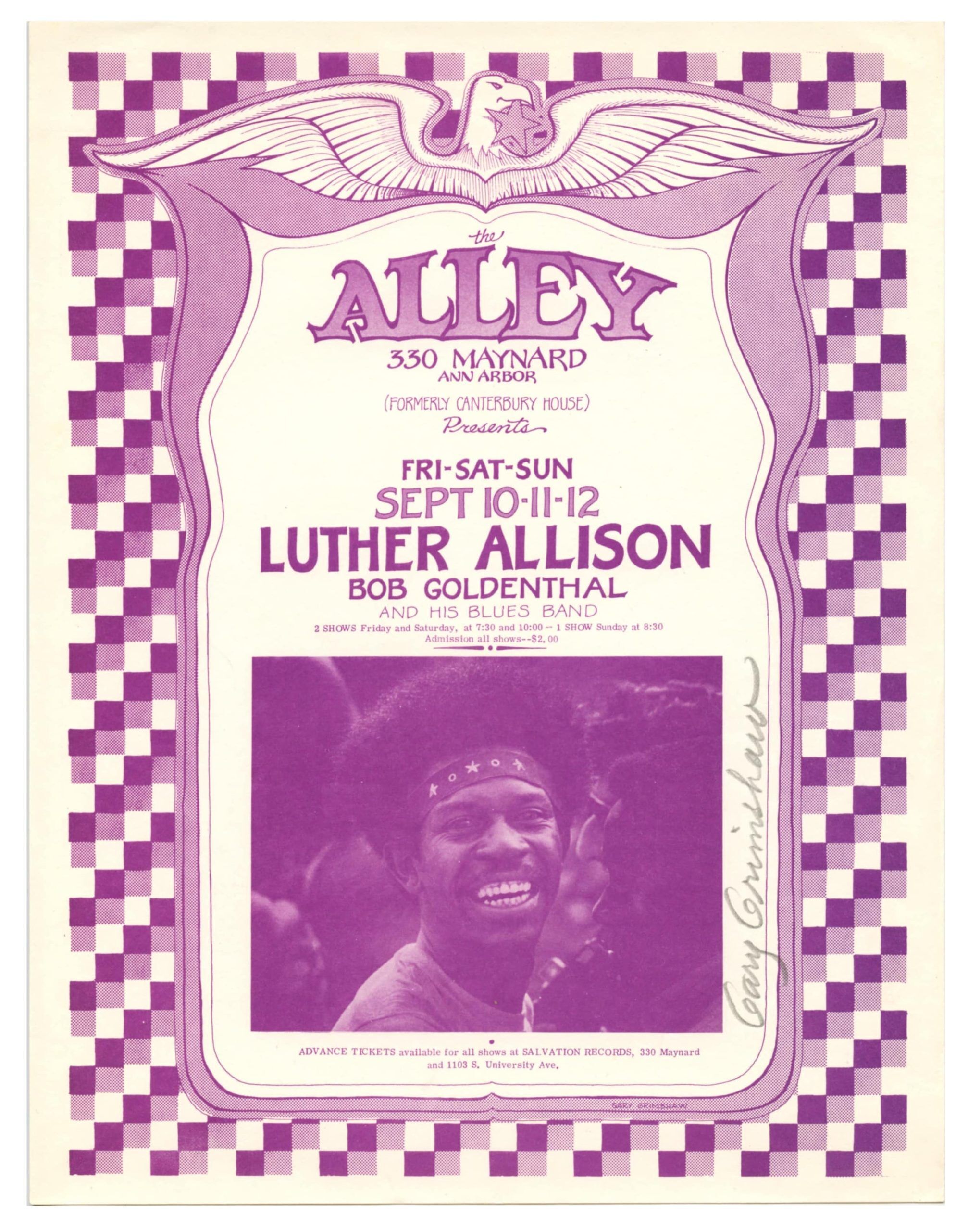 Luther Allison Handbill 1971 Sep 10 The Alley Ann Arbor Gary Grimshaw singed 