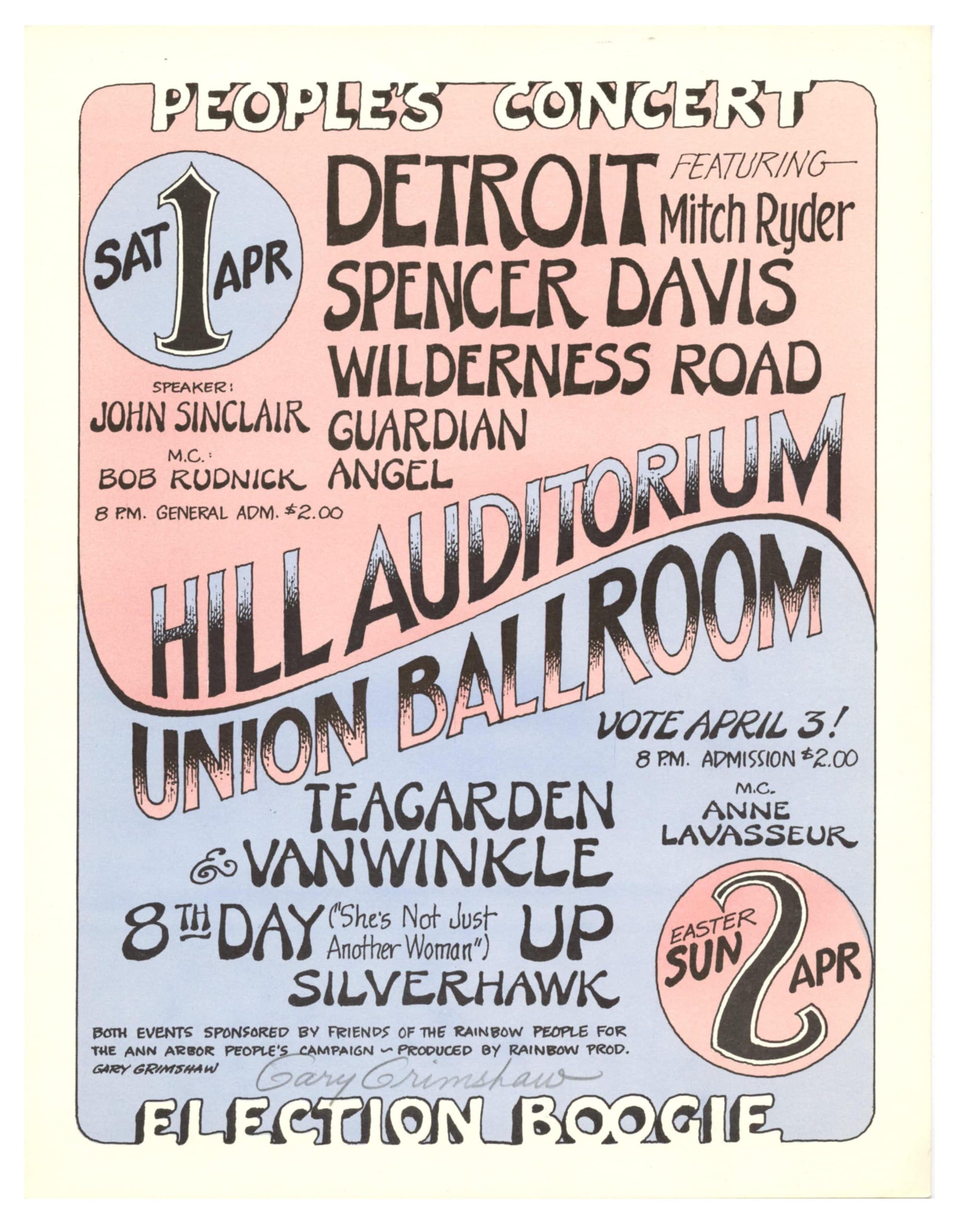 Mitch Ryder Spencer Davis The Up Handbill 1972 Apr 1 Ann Arbor Gary Grimshaw singed