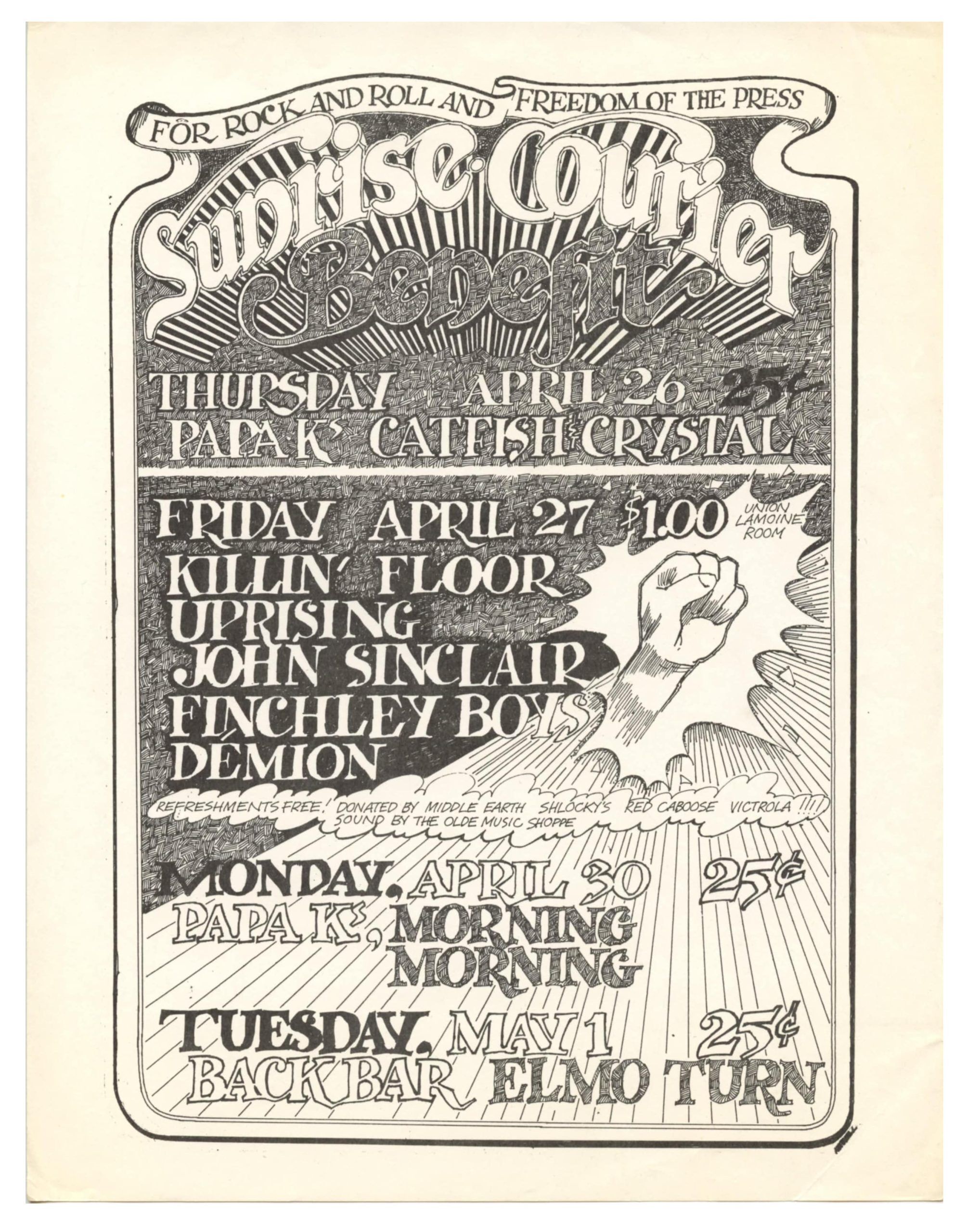 John Sinclair Killing Field Handbill 1973 Apr Benefit for Sunrise Courier 