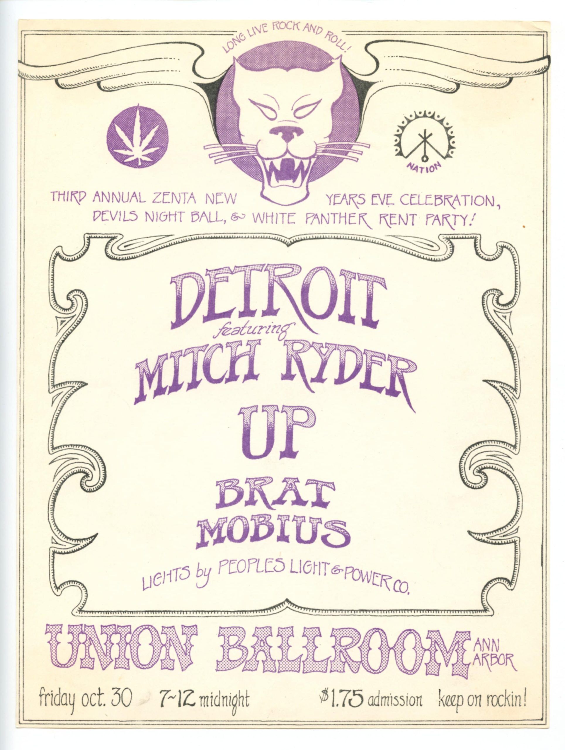 Mitch Ryder Detroit Handbill 1971 Oct 30 Union Ballroom Ann Arbor