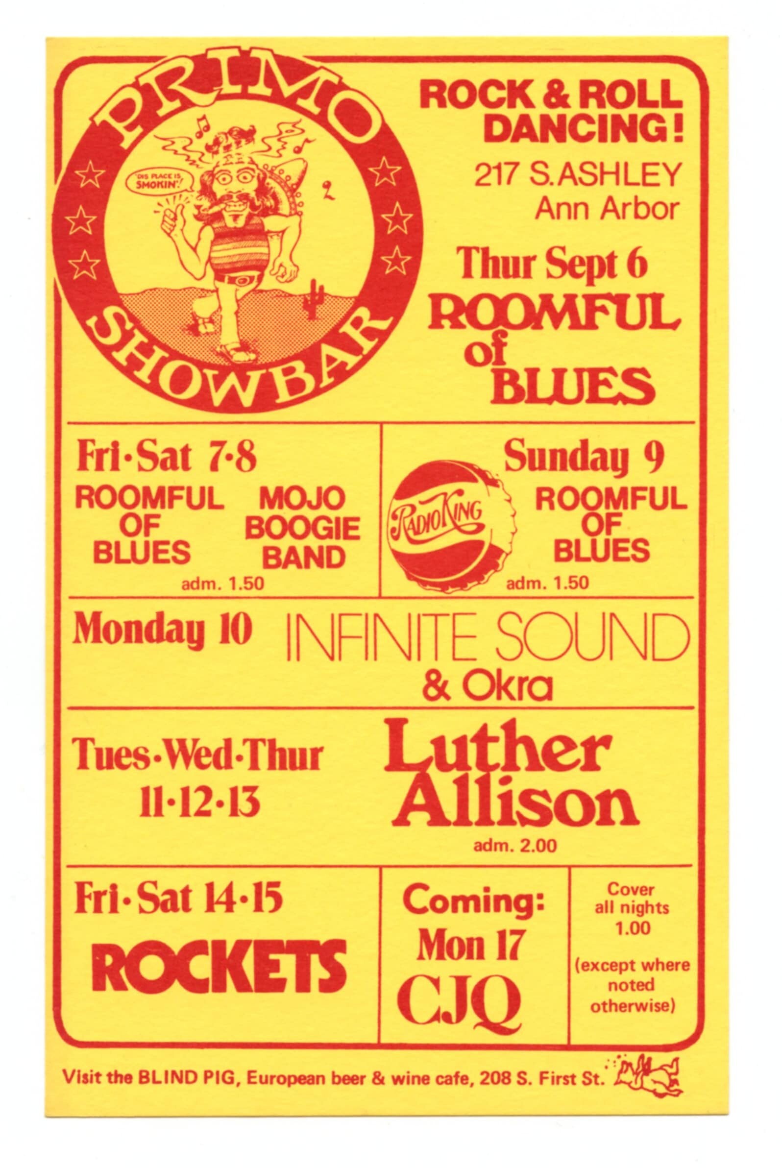 Primo Show Bar Handbill 1973 Sep Luther Allison Roomful of Blues Gary Grimshaw