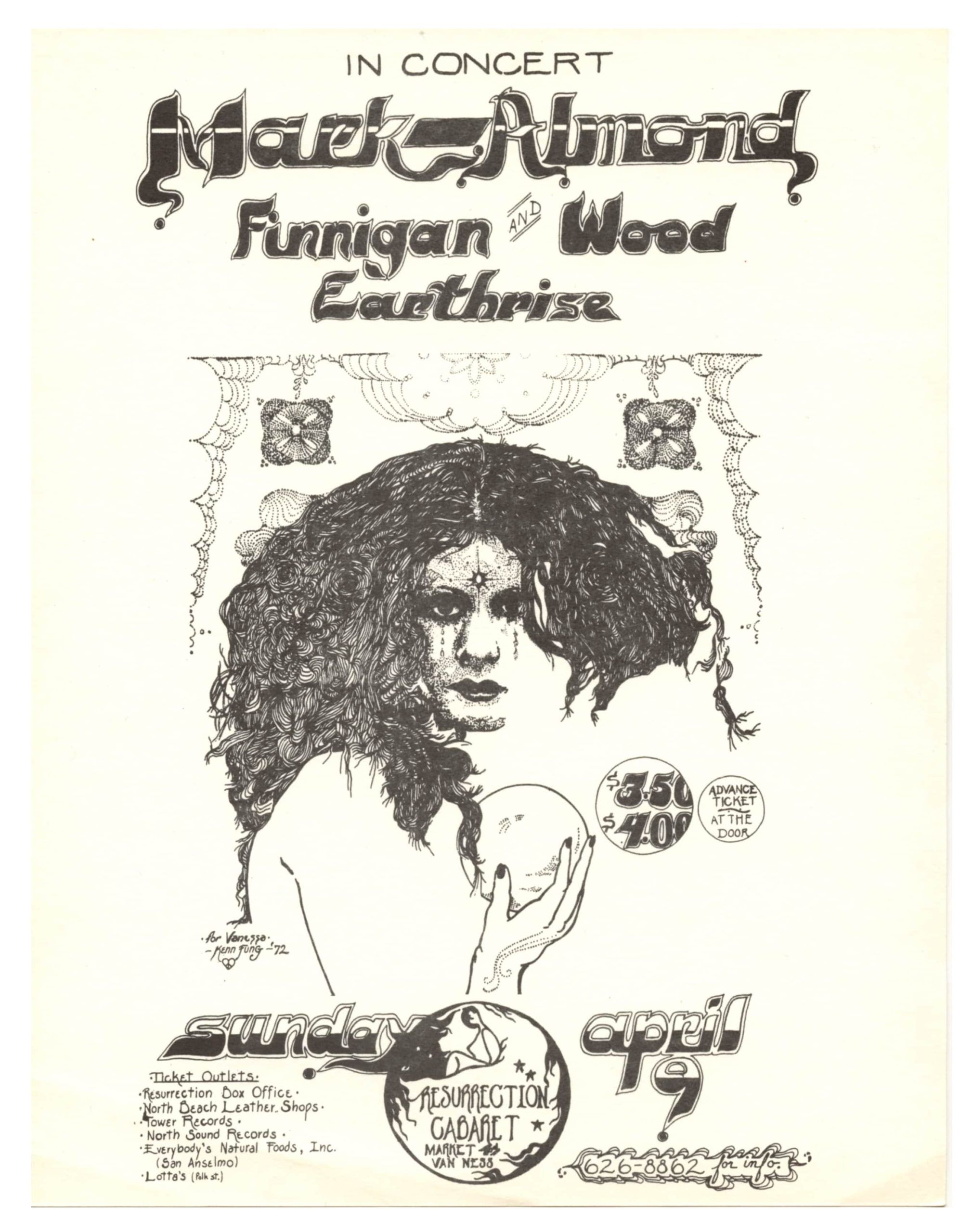 Mark Almond Handbill w/ Finnigan and Wood 1972 Resurrection Cabaret San Francisco