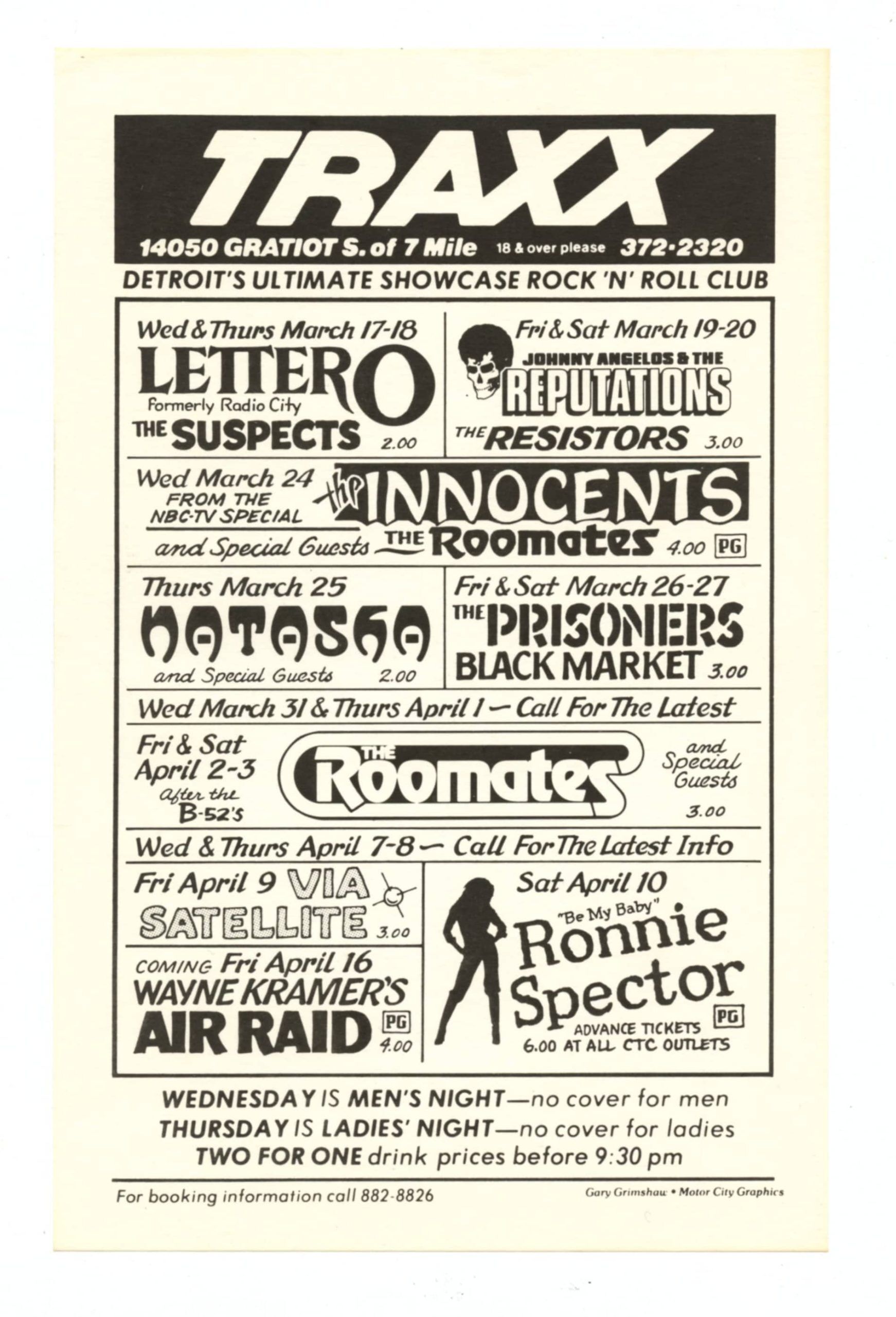 TRAXX Handbill 1982 March Letter O Reputations Roommates Gary Grimshaw