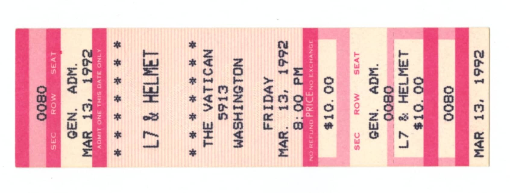 L7 & Helmet Ticket Vintage Stub 1992 Mar 13 The Vatican Houston