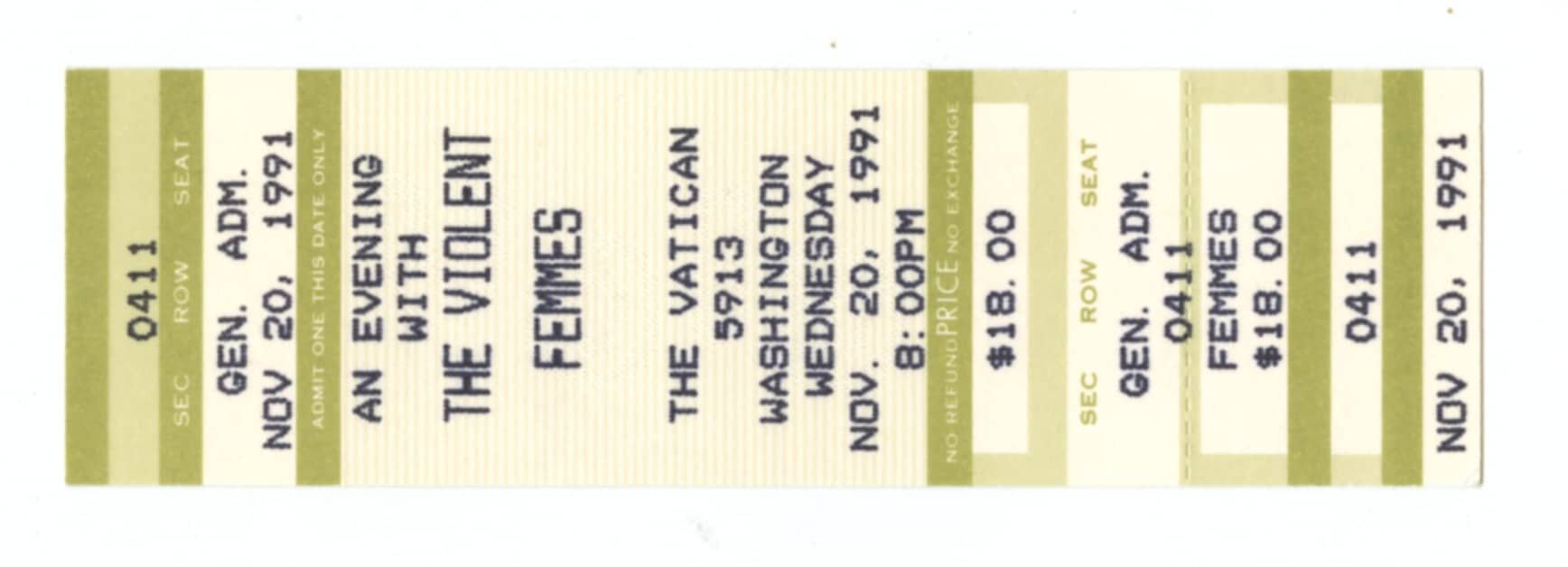 Violent Femmes Ticket Vintage Stub 1991 Nov 20 The Vatican Houston