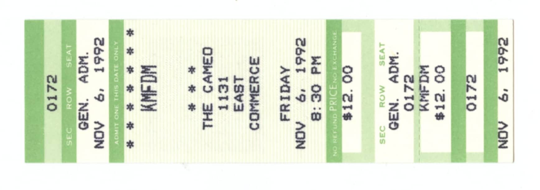 KMFDM Ticket Vintage Stub 1992 Nov 6 The Cameo San Antonio