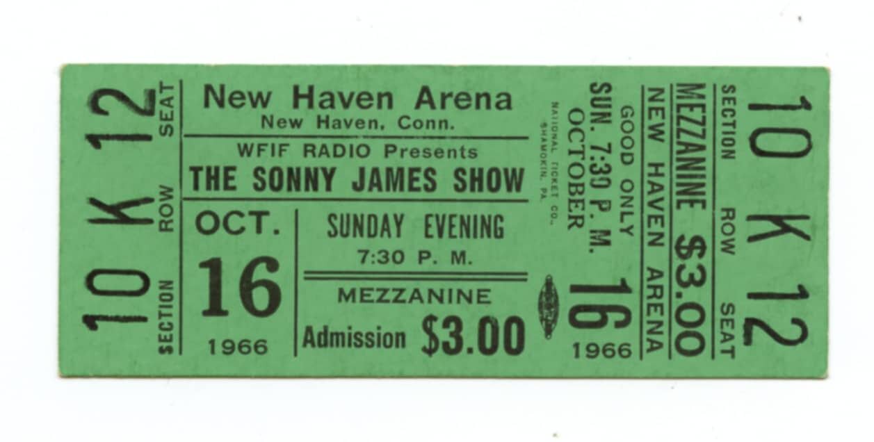 Sonny James Ticket Vintage Stub 1966 Oct 16 New Haven Arena Connecticut