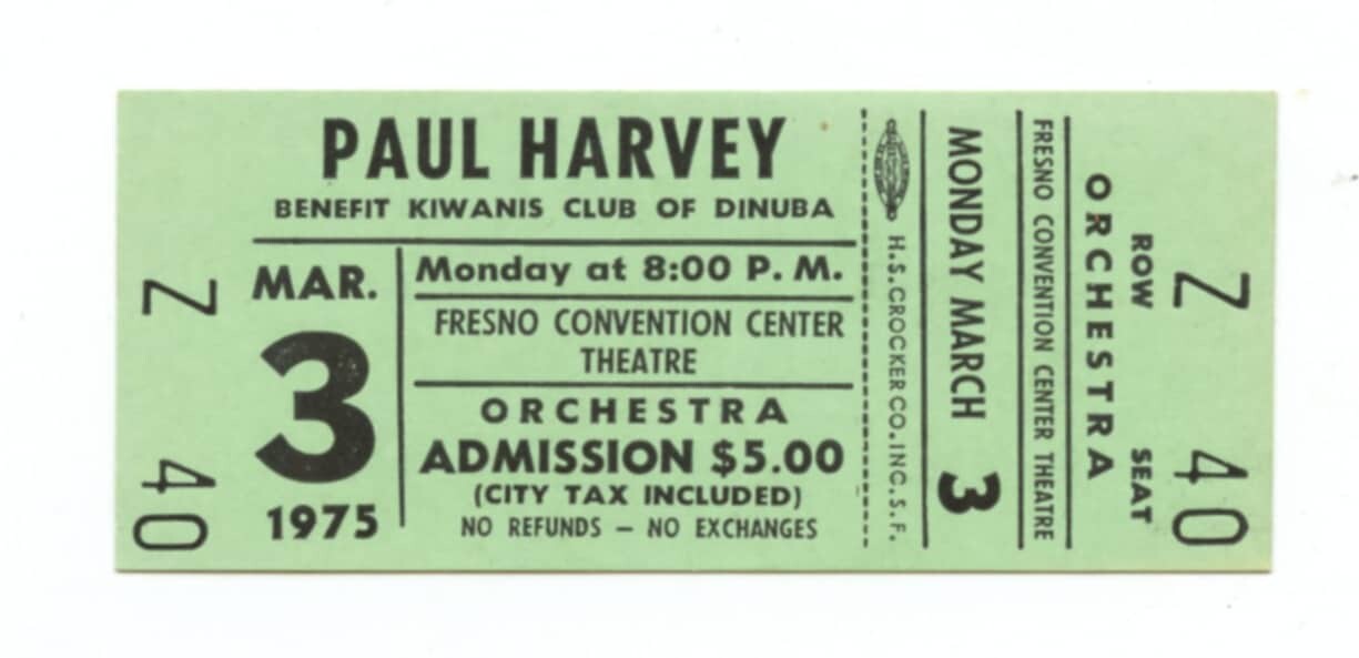 Paul Harvey Ticket Vintage 1975 Mar 3 Fresno Convention Center