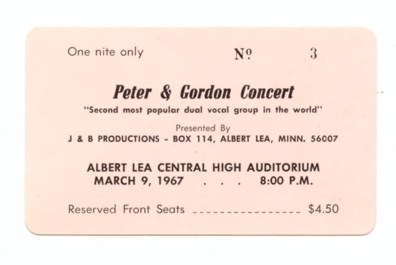 Peter and Gordon Ticket Vintage Stub 1967 Albert Lea Minnesota