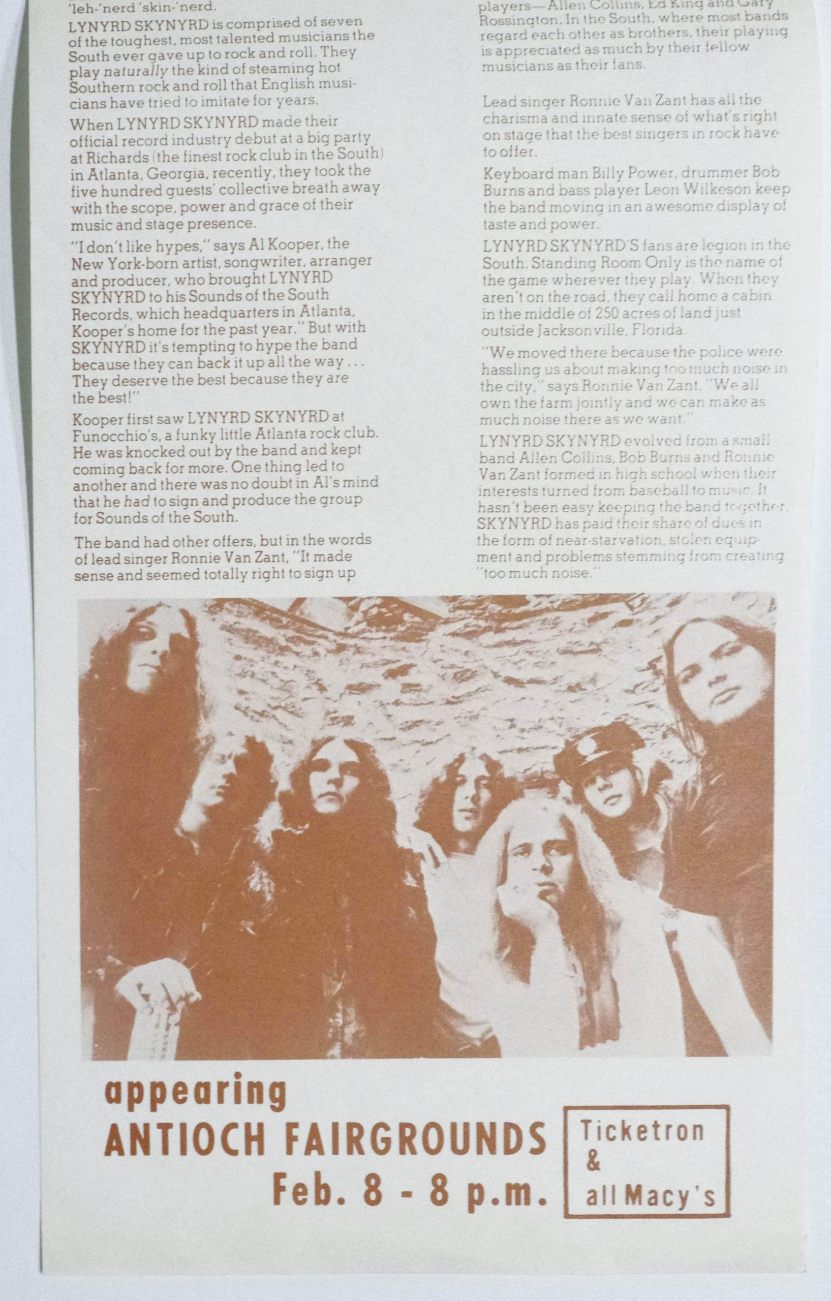 Lynyrd Skynyrd Handbill 1974 Feb 8 Contra Costa County Fair Antioch Fairgrounds