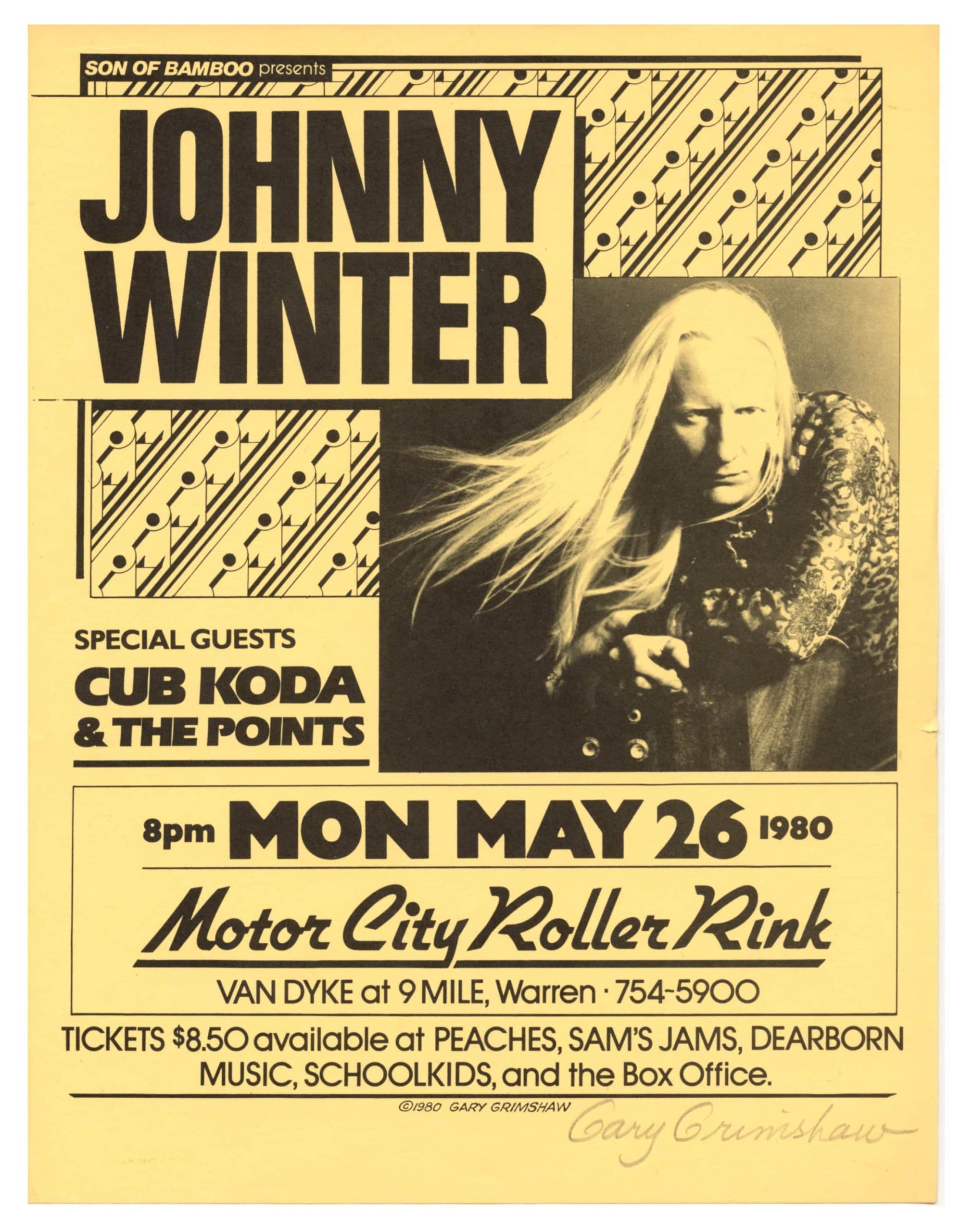 Johnny Winter Handbill 1980 May 20 Motor City Roller Rink Gary Grimshaw signed