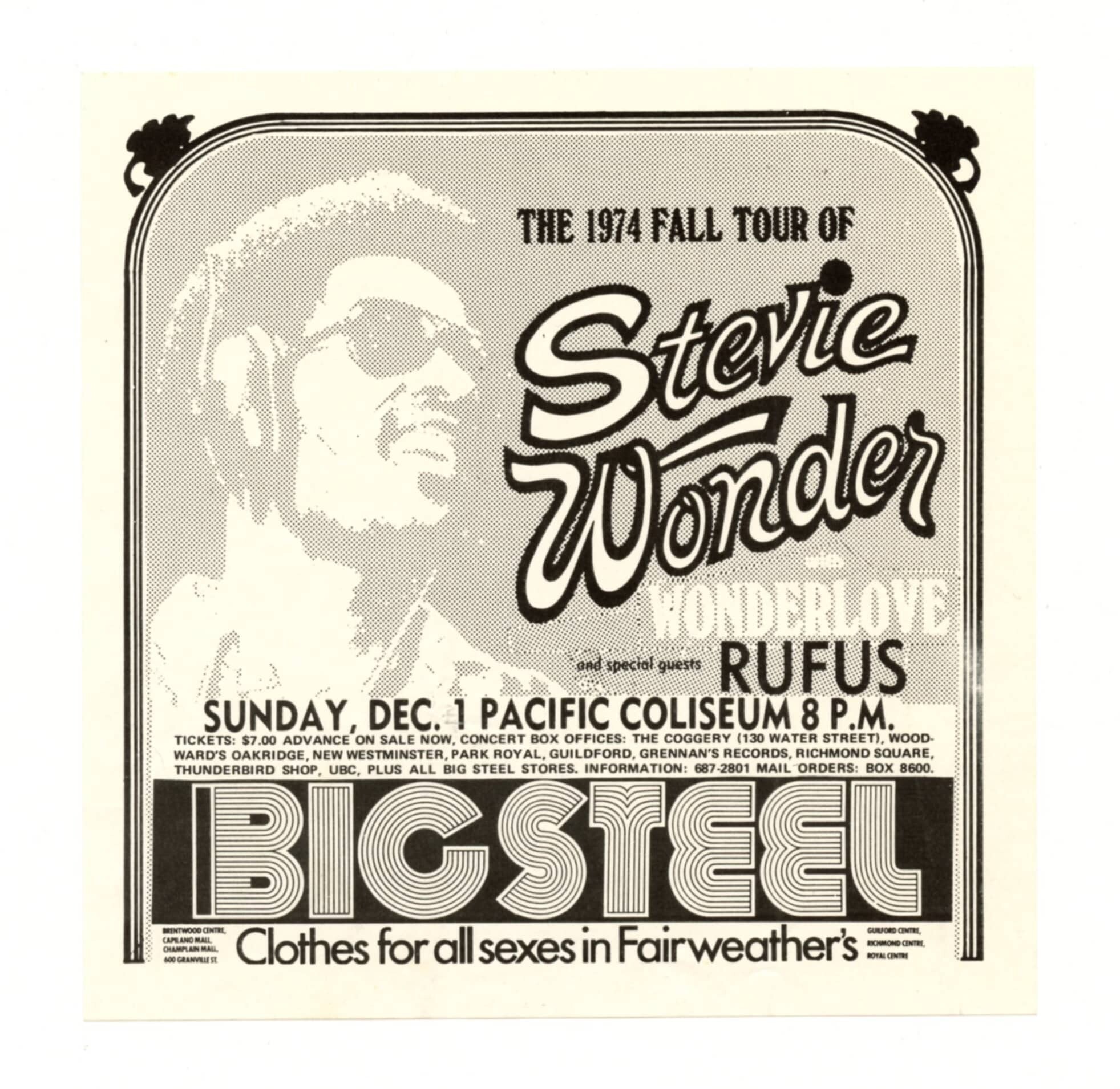 Stevie Wonder Handbill 1974 Dec 1 Pacific Coliseum Vancouver