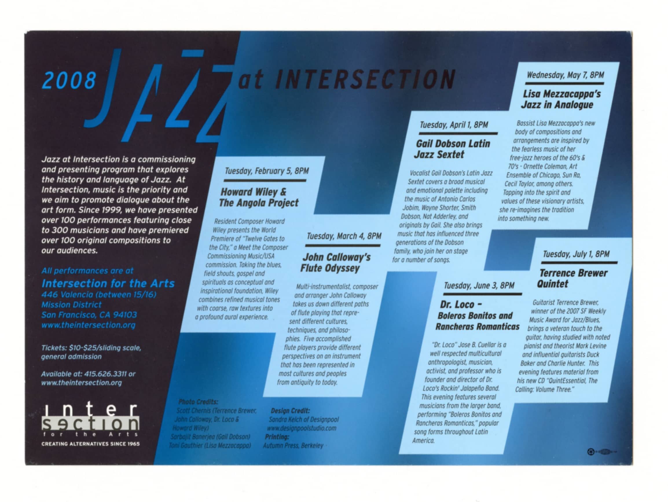 Jazz at Intersection For Art Handbill 2008 Concerts San Francisco 