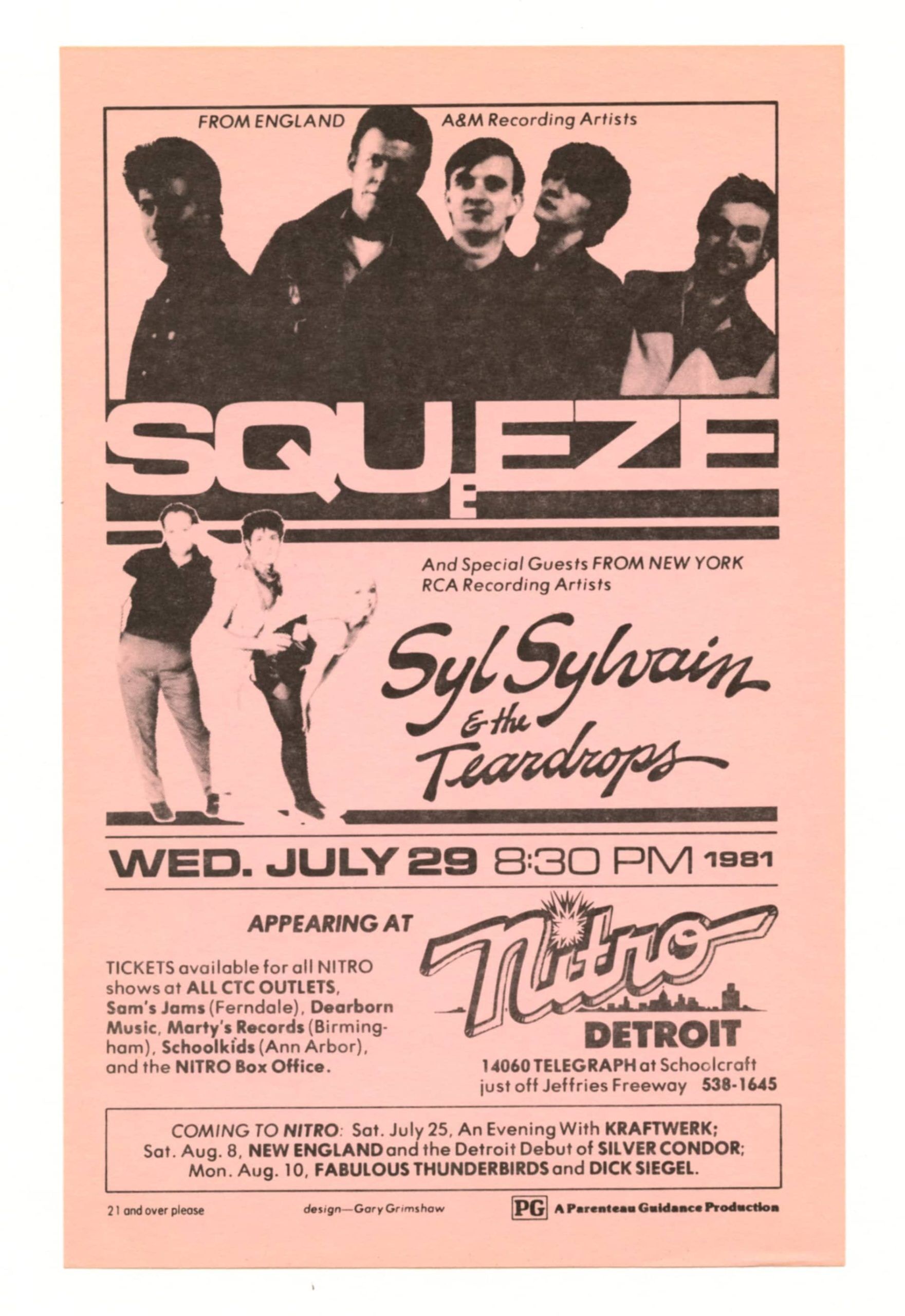 Squeeze Syl Sylvain & the Teardrops Handbill 1981 July 29 Nitro Detroit Gary Grimshaw