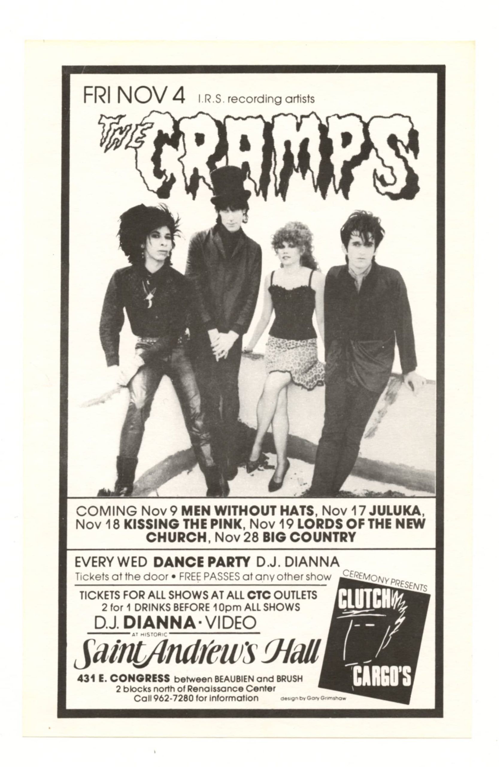 Saint Andrew's Hall Handbill 1988 Nov 4 The Cramps Gary Grimshaw