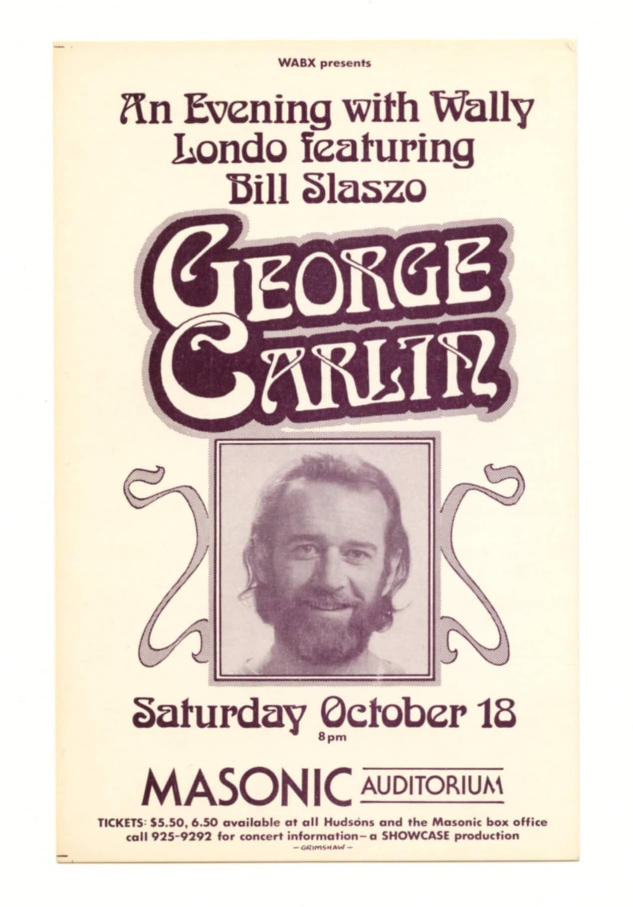 George Carlin Handbill 1975 Oct 18 Masonic Auditorium Detroit Gary Grimshaw