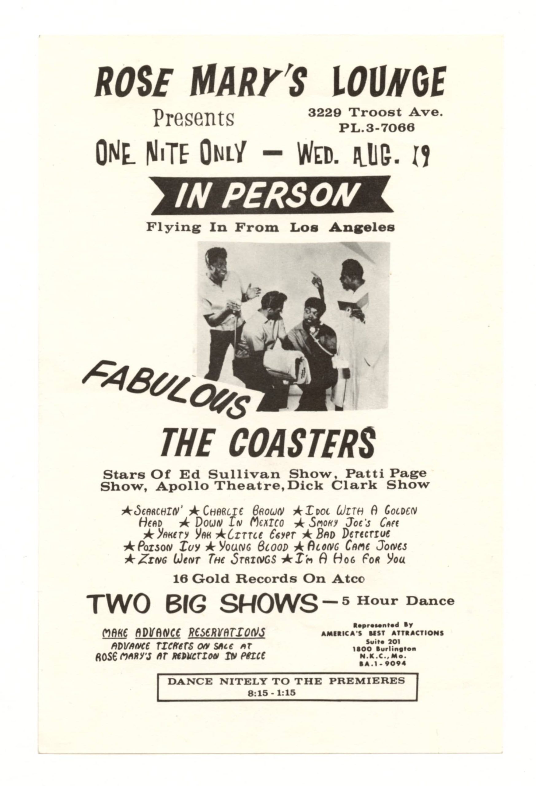 The Coasters Handbill 1964 Aug 19 Resemary's Lounge Kansas City