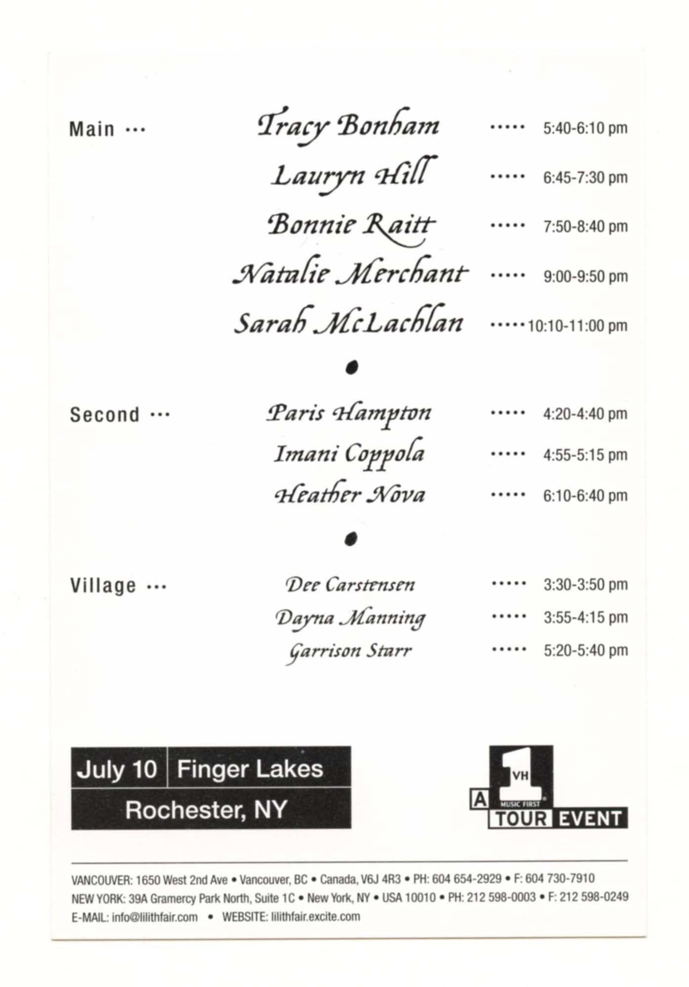 Lauren Hill Handbill w/ Bonnie Raitt Sarah McLachlan Lilith Fair 98