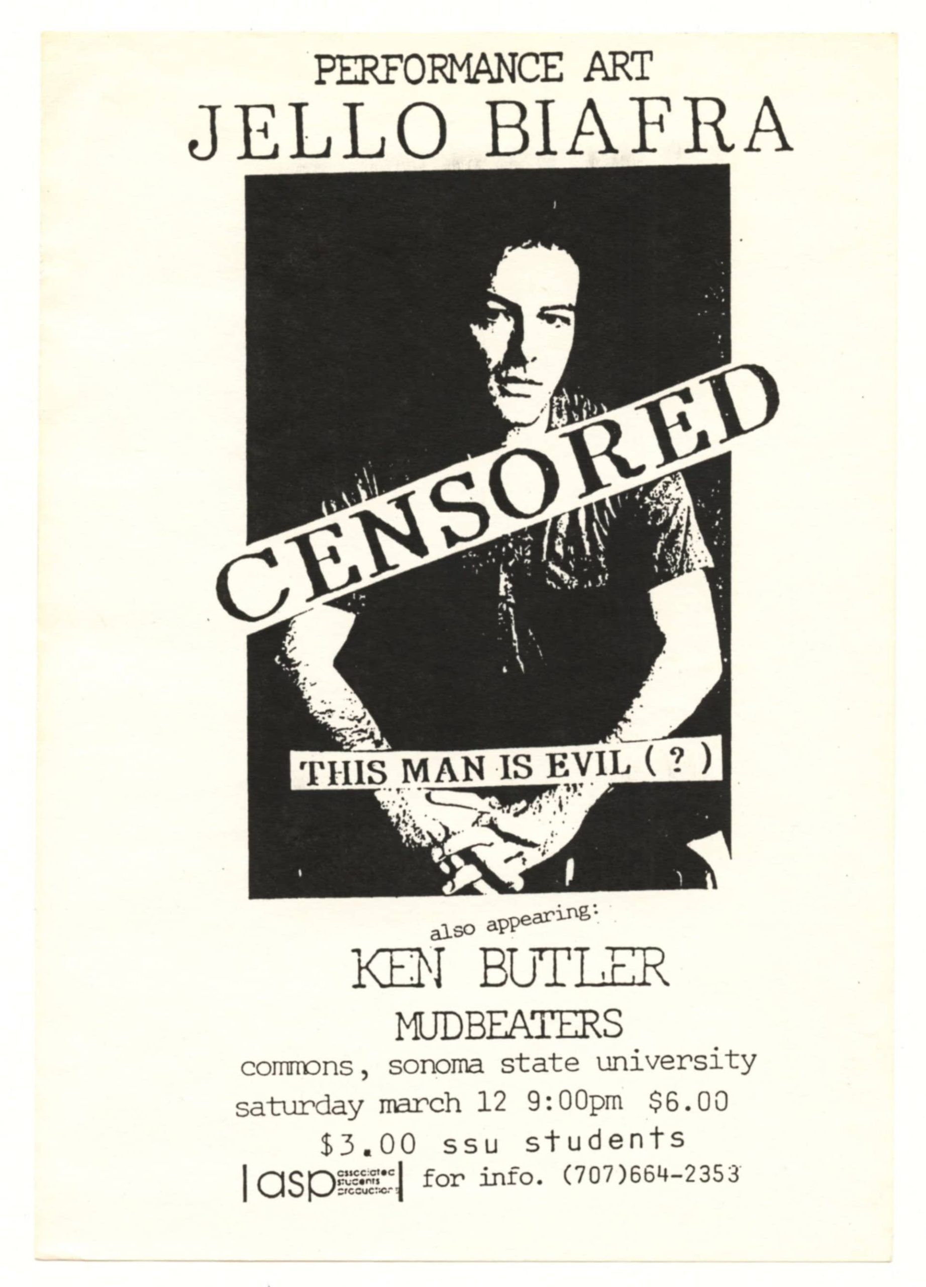 Jello Biafra Handbill 1980s Sonoma State University