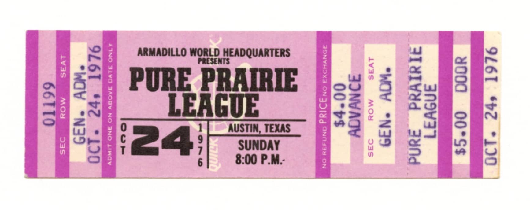 Pure Prairie League Ticket Vintage 1976 Oct 24 Austin TX 