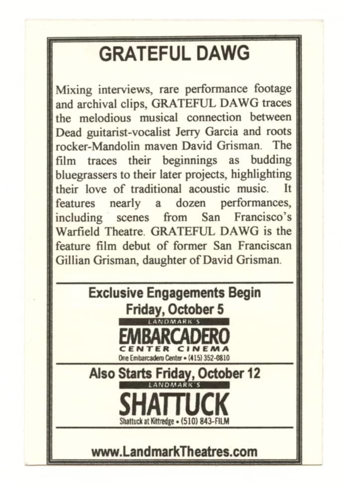 Jerry Garcia David Grisman Handbill GRATEFUL DAWG Documentary Promo