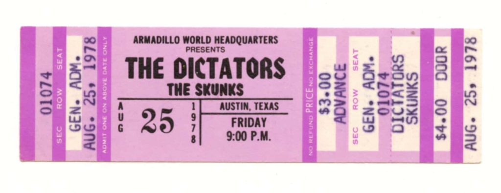 The Dictators Ticket Vintage 1978 Aug 25 Austin TX  