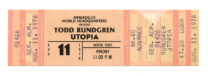 Todd Rungren Utopia Ticket Vintage 1978 Aug 11 Austin TX 