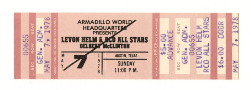 Levon Helm Ticket Vintage 1978 May 7 Austin TX 