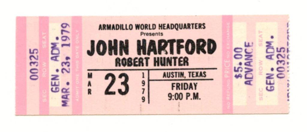 John Hartford Robert Hunter Ticket Vintage 1979 Mar 23 Austin TX