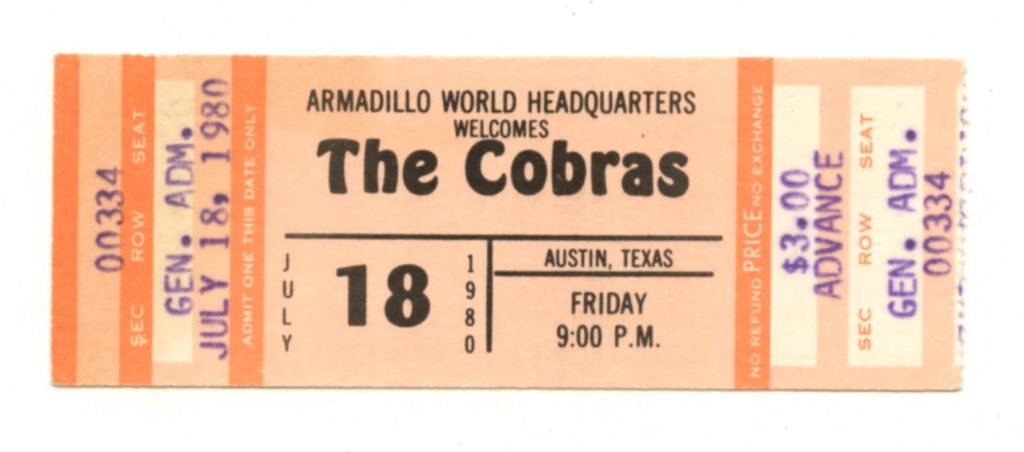 The Cobras Ticket Vintage 1980 Jul 18 Austin TX