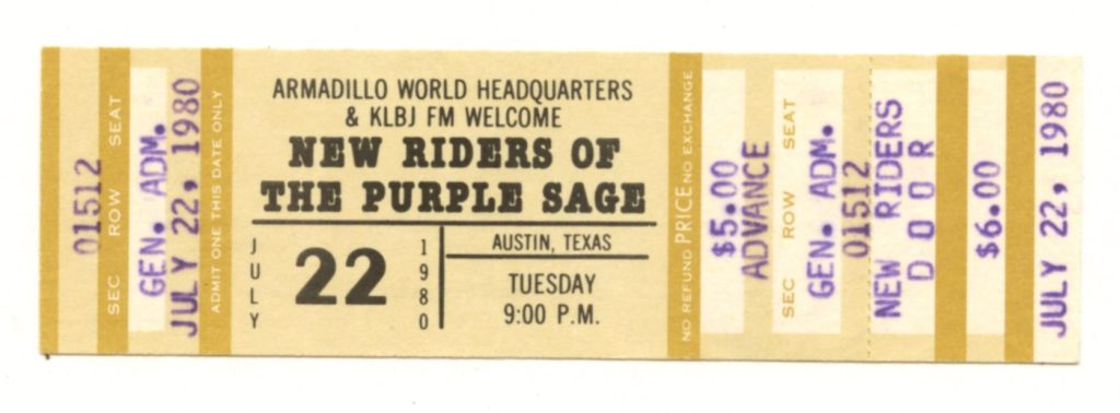 New Riders of the Purple Sage Ticket Vintage 1980 Jul 22 Austin TX 