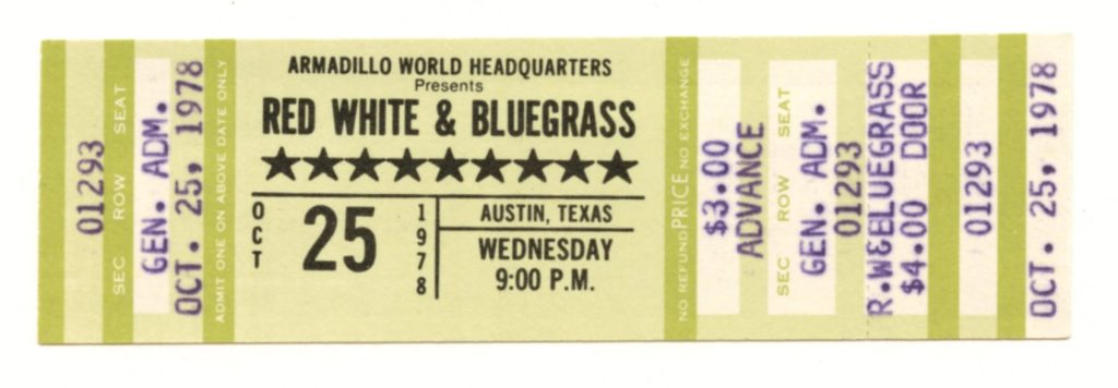 Red White and Blue Grass Ticket Vintage 1978 Oct 25 Austin TX 