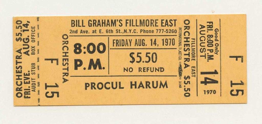 Procol Harum Ticket Vintage 1970 Bill Graham Fillmore East New York