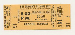 Procol Harum Ticket Vintage 1970 Bill Graham Fillmore East New York