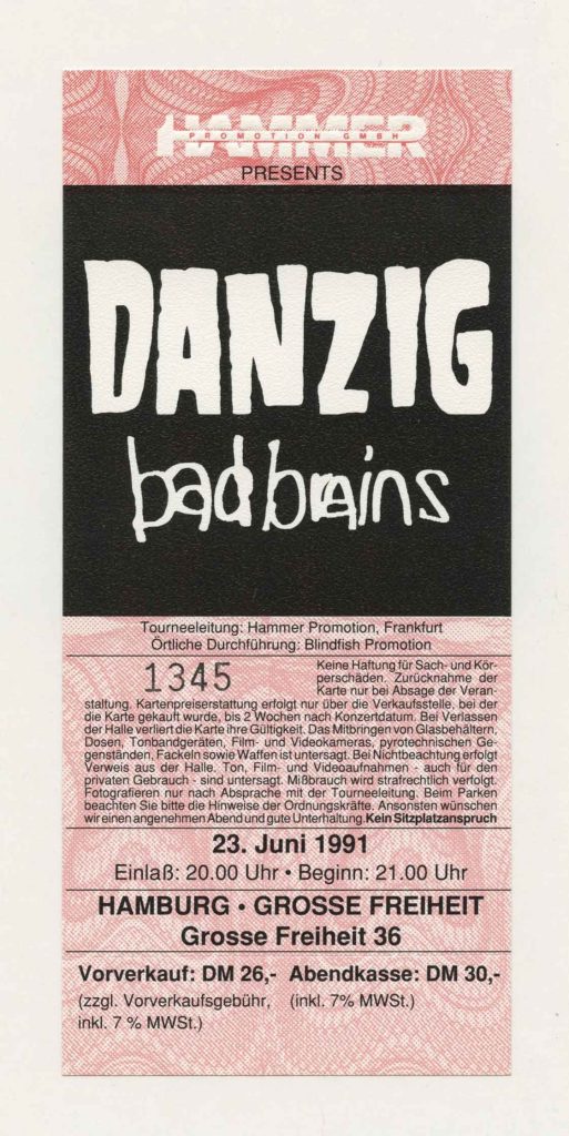 DANZIG Ticket Vintage Bad Brains Tour 1991 Jun 23 Hamburg Germany 