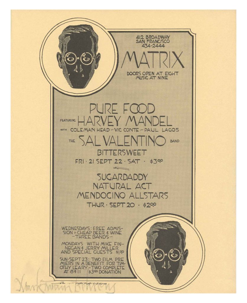 Matrix Handbill 1970 Pure Food Harvey Mandel Sal Valentino Mark T. Behrens signed