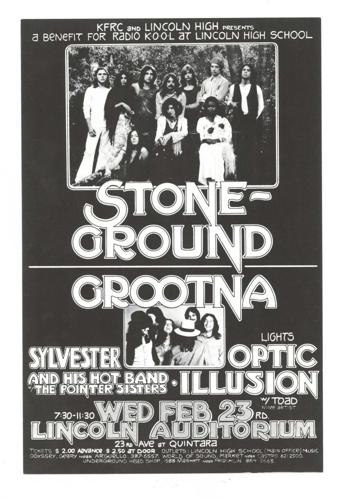 Stoneground Handbill w/ Pointer Sisters Grootna 1972 Lincoln Auditorium Randy Tuten