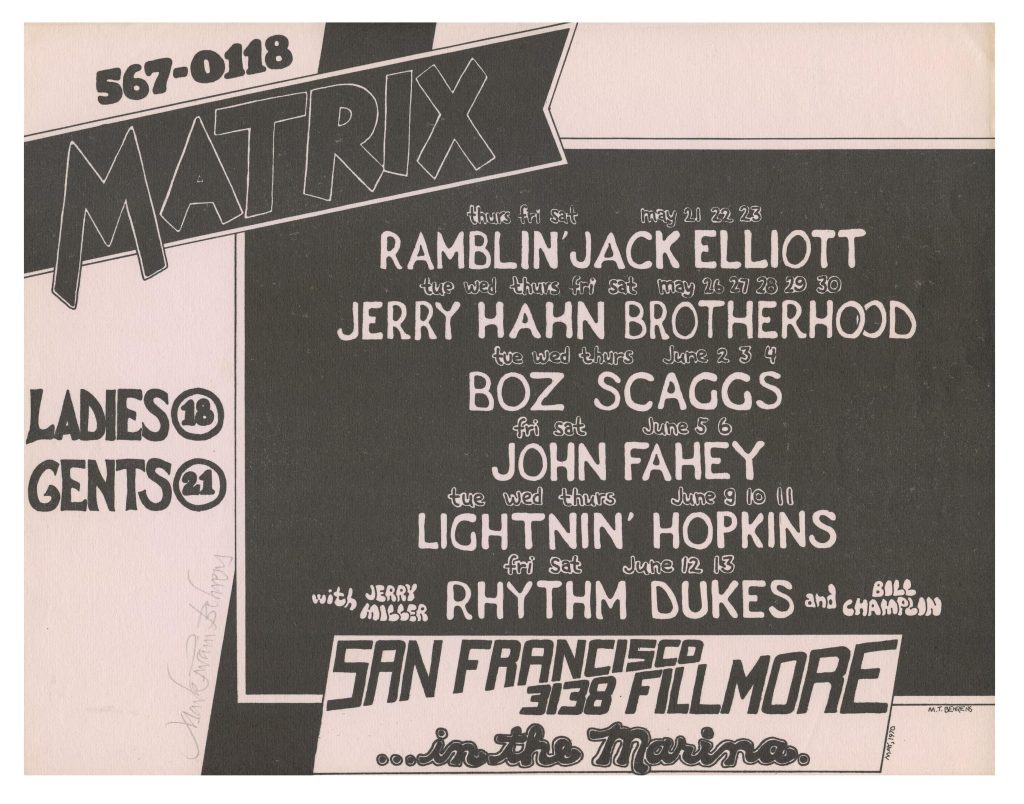 Matrix Handbill 1970 Ramblin' Jack Elliott John Fahey Boz Scaggs Mark T. Behrens signed